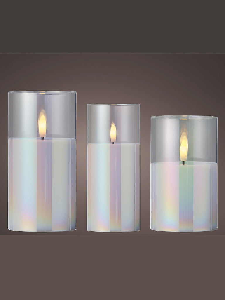 Set of 3 x Dia 7.5cm Battery Operated LED Candle In Glass - Iridescent