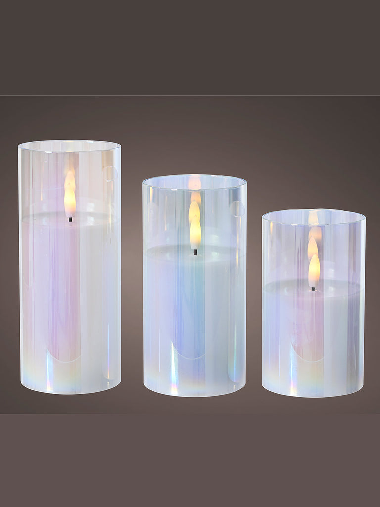 Set of 3 x Dia 10cm Battery Operated LED Candle In Glass - Iridescent