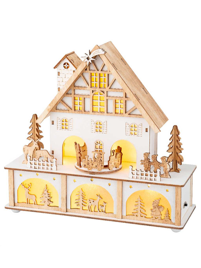27cm B/O Wooden House with Train Scenery Warm White LEDs