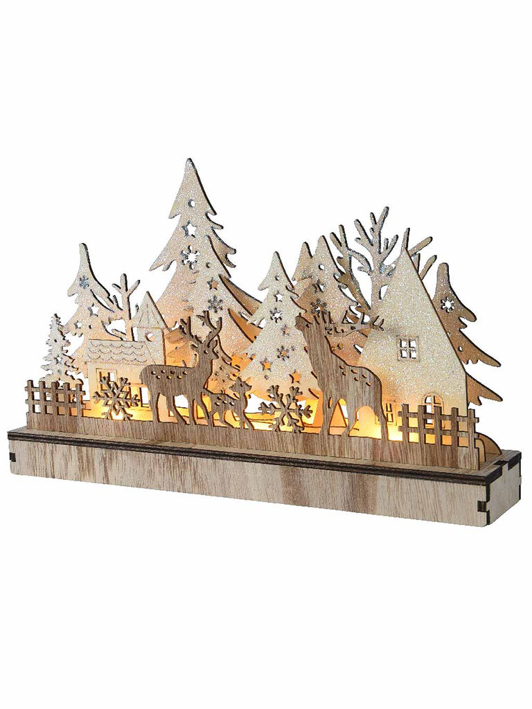 19cm B/O Wooden Reindeer Scene with Warm White LEDs
