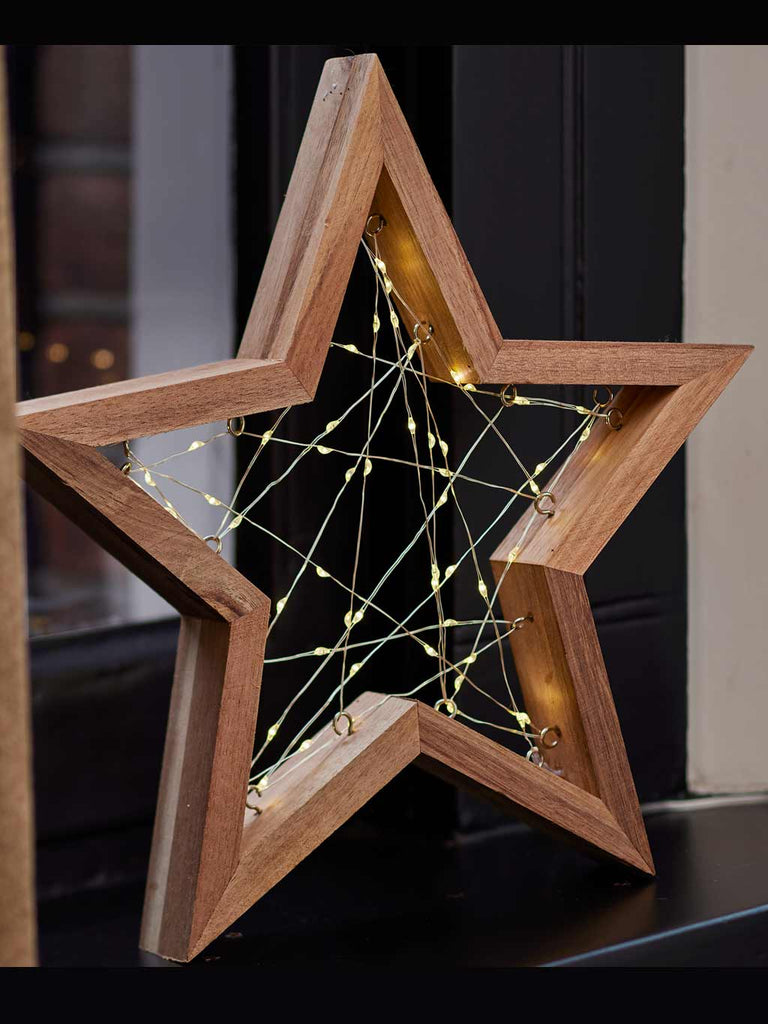 31cm B/O Wooden Star Frame with Micro LEDs Net