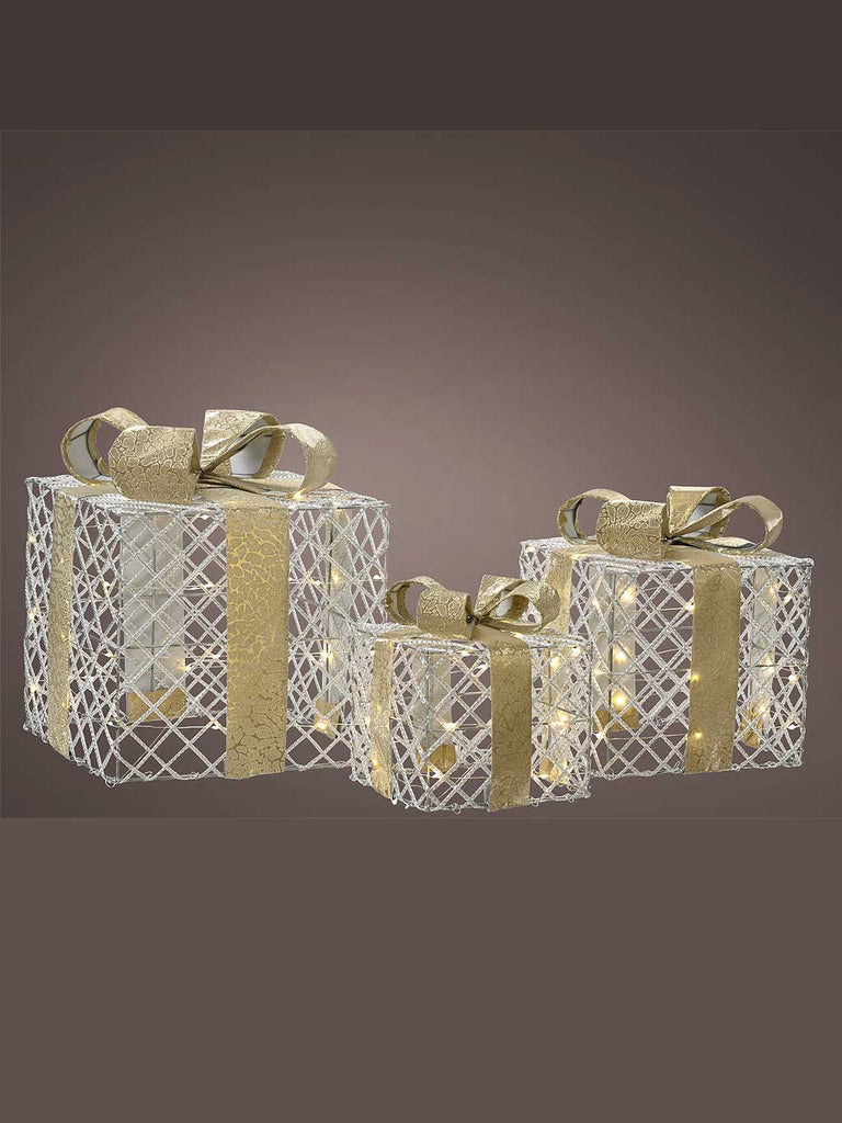 Set of 3 B/O Micro LED Silver Giftbox with Gold Bow