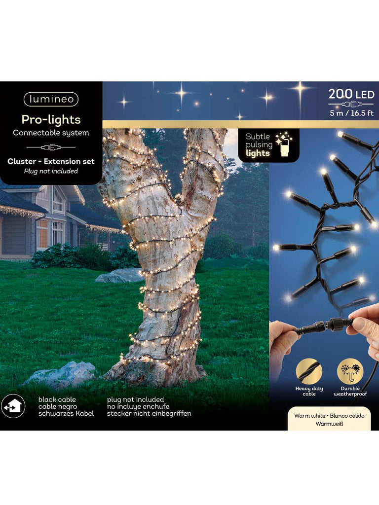 200 LED 'Pro-Lights' Cluster Lights Sparkle Effect- Outdoor - Black Cable/Warm White
