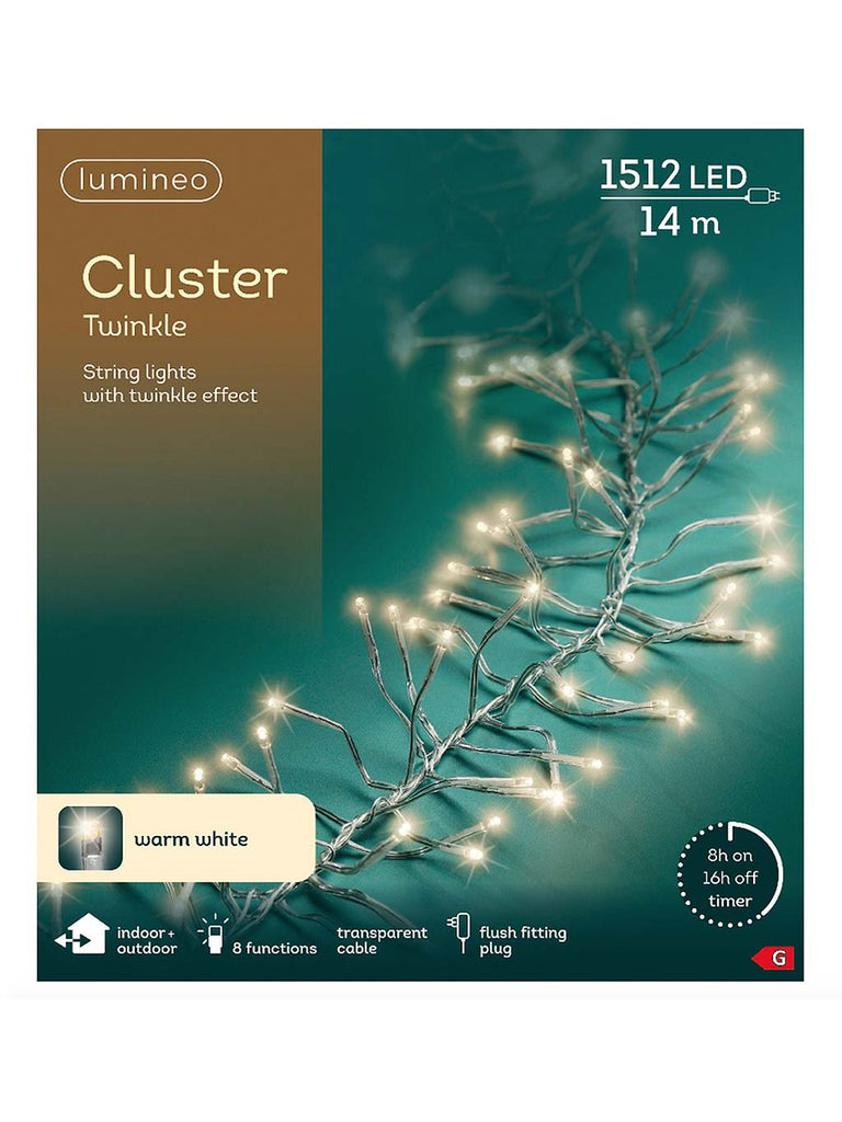 1512 LED Twinkle Cluster Christmas Lights - Warm White with Clear Cable