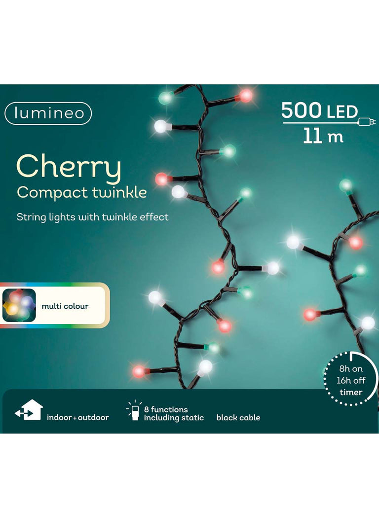 500 Twinkling Cherry String Light - Black Cable - Red/White/Green LEDs