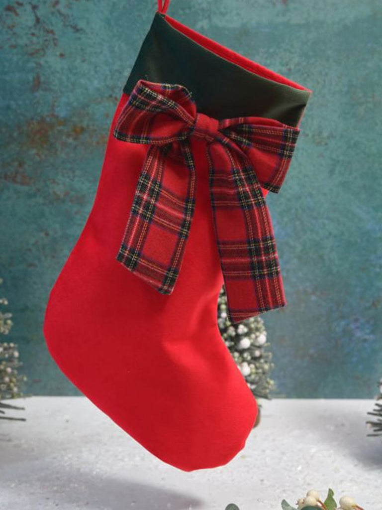 Tartan Fabric Hanging Stocking With Green Cuff & Bow