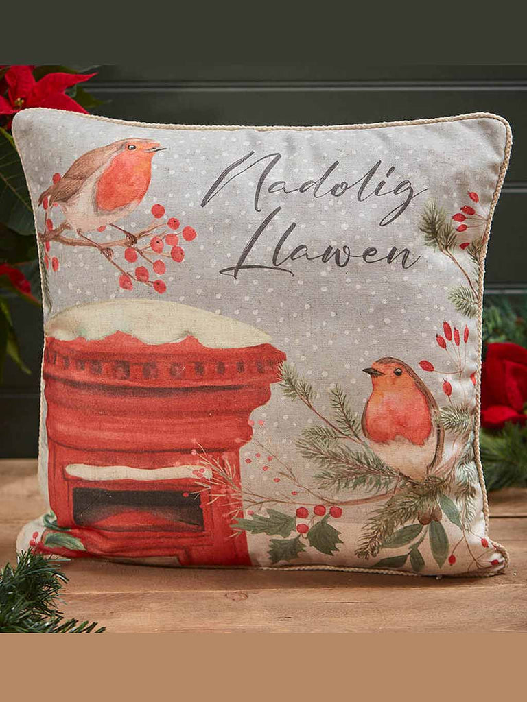 Welsh Xmas Robin Cushion Fabric with Postbox 'Nadolig Llawen'