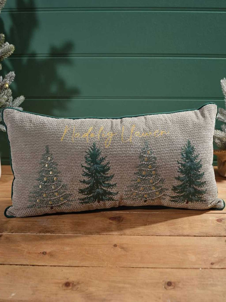 Welsh Evergreen Embroidered & Beaded Christmas Tree Textured Cushion