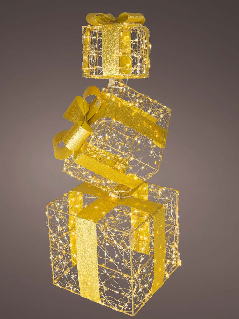 73cm Gold Giftbox Stack with Flashing & Static Effect Micro LED  - Warm White & Classic Warm