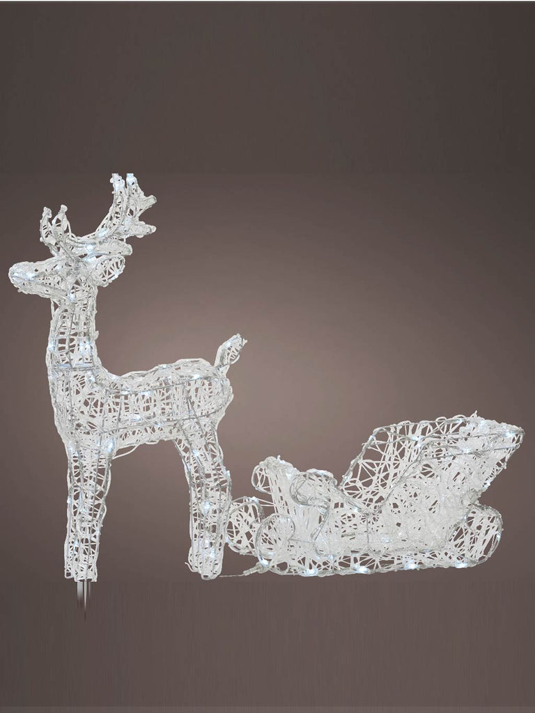 70cm Soft Acrylic Sledge & Reindeer With Flashing LEDs - White