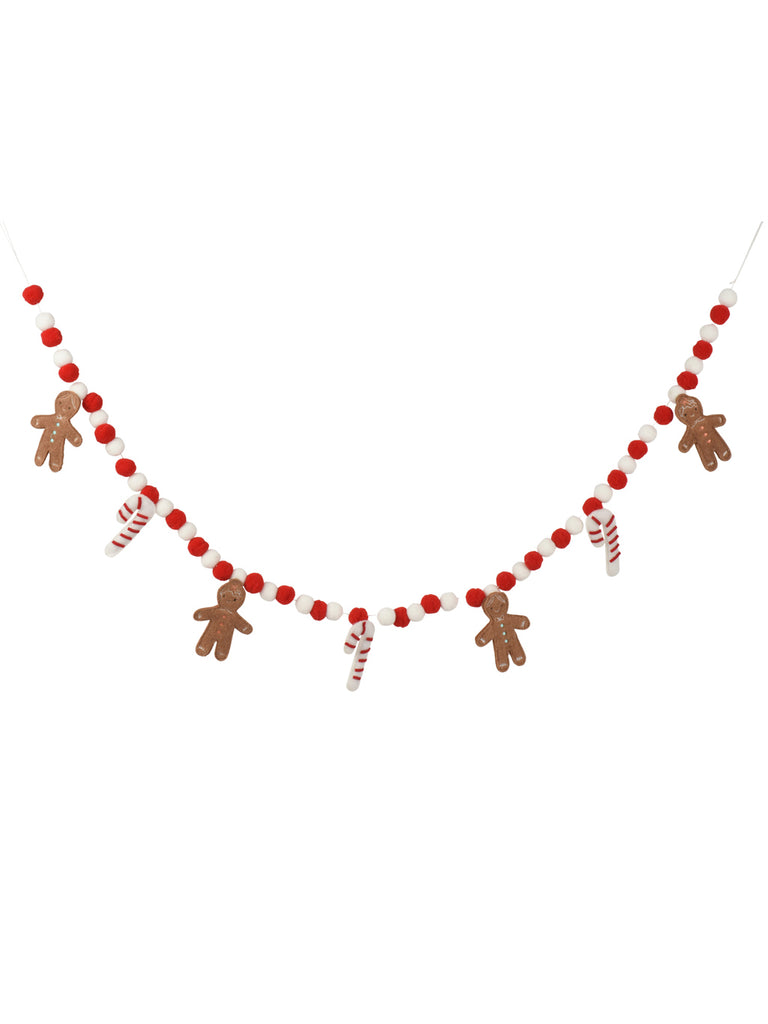 1.5M (5ft) Pompom Garland with Candycane & Gingerbread Men