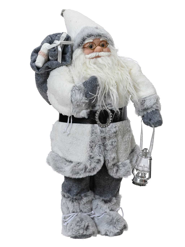 60cm Plush Santa with White Coat & Silver Lantern