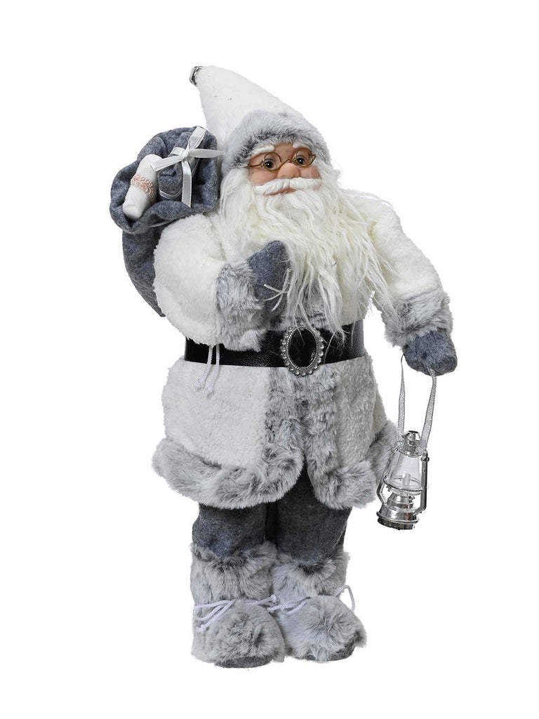 45cm Plush Santa with White Coat & Silver Lantern