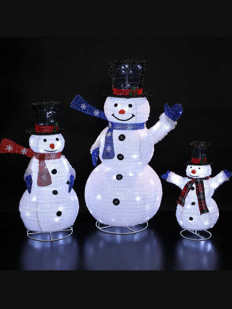 Set Of 3 Pop Up Fleece Snowman With 270 LEDs - White