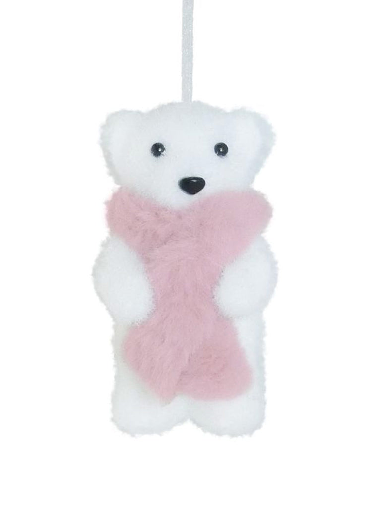 12cm Flocked Bear Tree Decoration - Pink