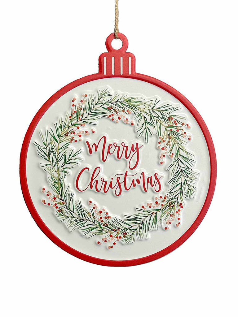 24 x 29cm Embossed Metal Bauble Merry Christmas Sign