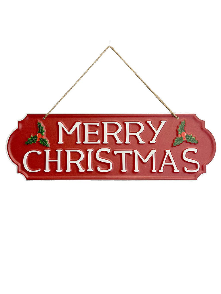 14 x 40cm Merry Christmas Holly Embossed Metal Sign - Red