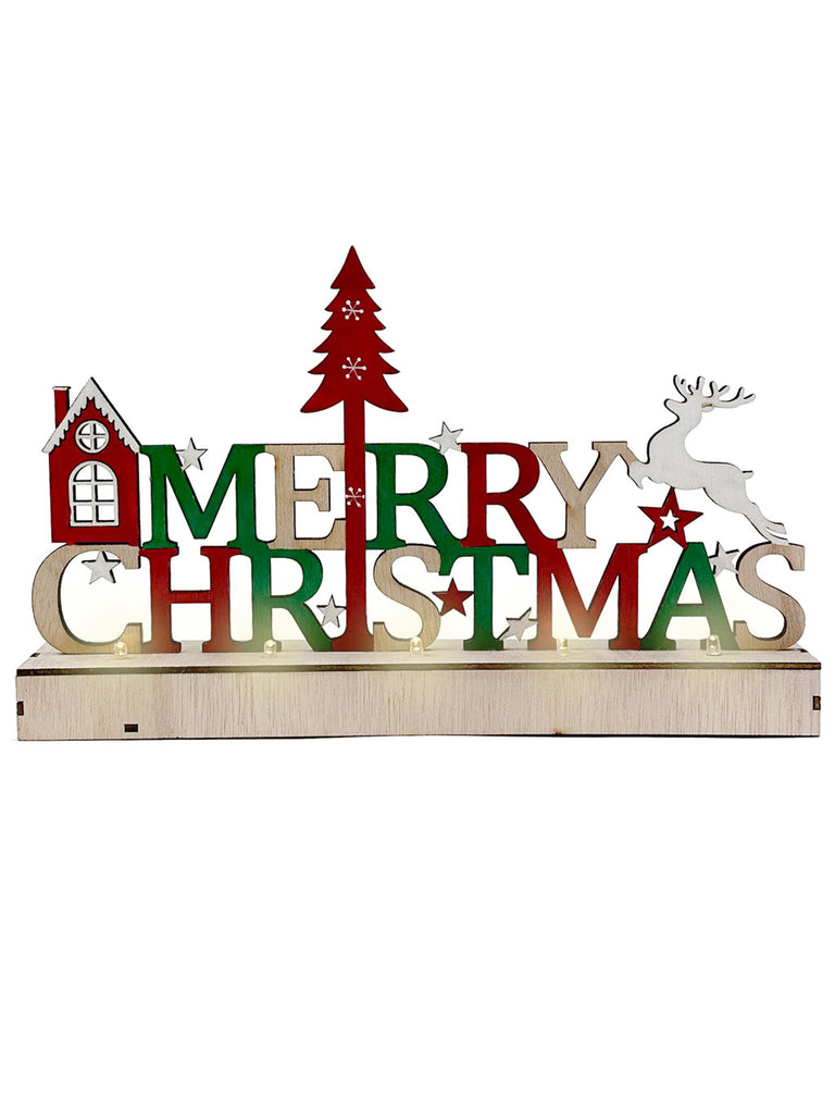 30cm B/O LED Merry Christmas Wooden Decoration with Tree