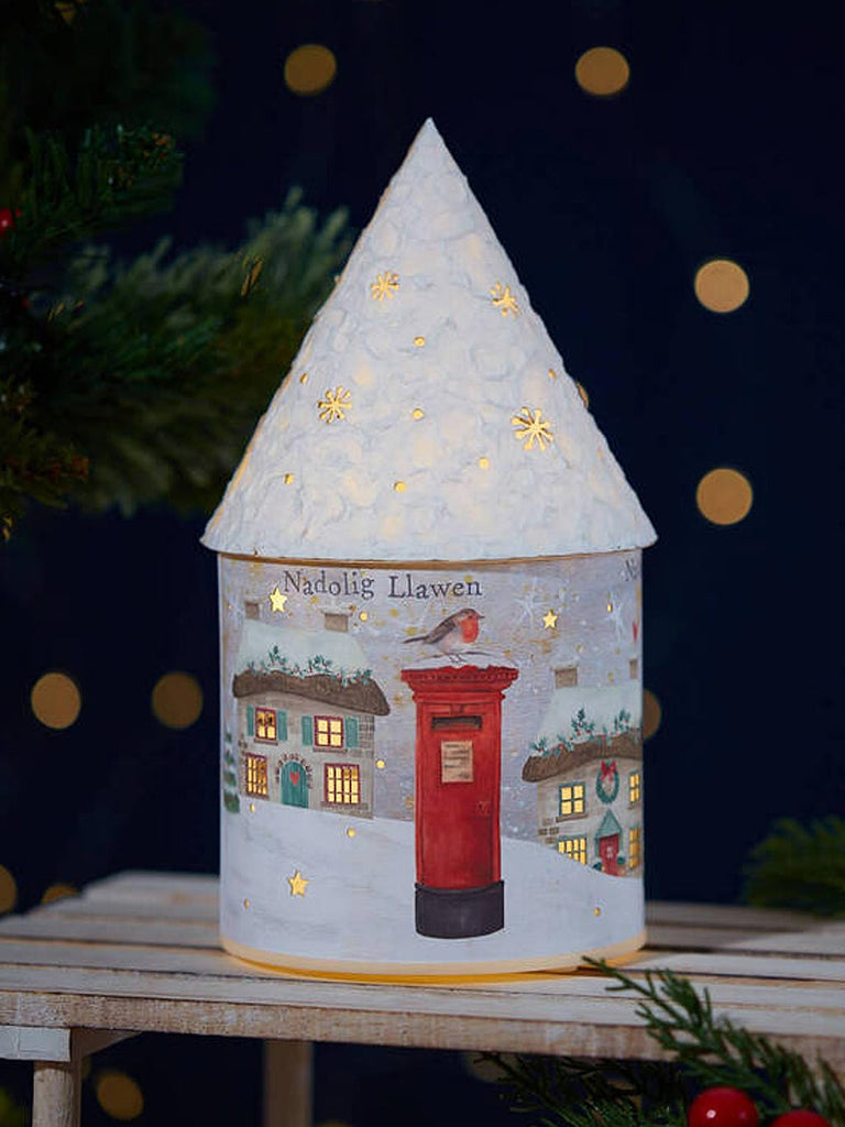 Welsh Xmas Cottage Led Lantern Paper with Cutout Snowflakes