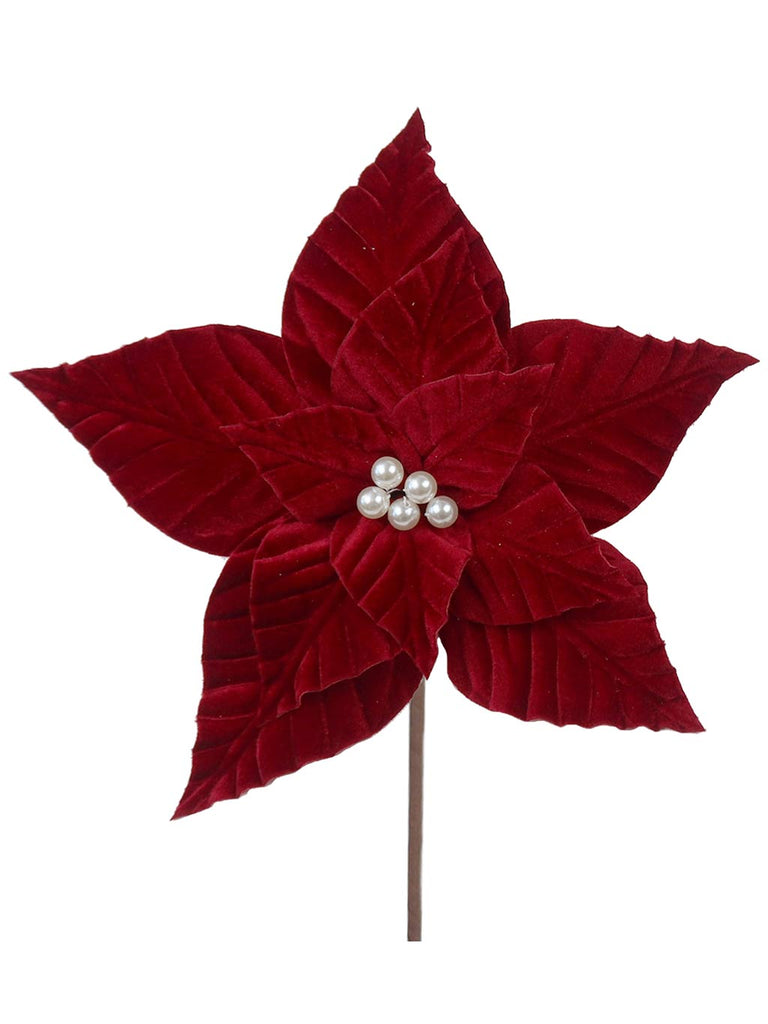 30cm Pearl Velvet Poinsettia - Dark Red