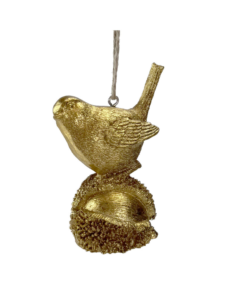 9cm Gold Bird on Chestnut Decoration