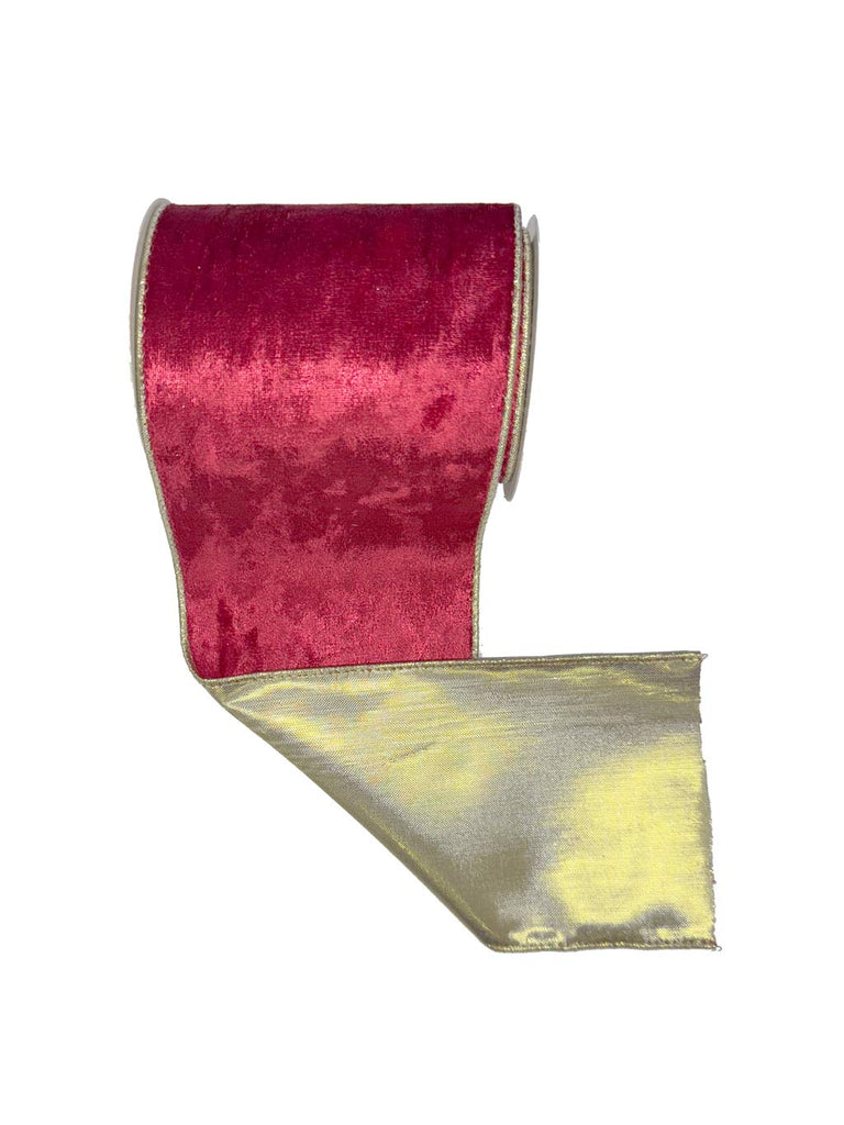 10cm x 2.7M Velvet Dark/Face Wired Ribbon Red/Gold