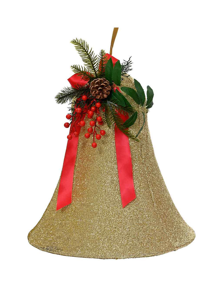 40cm Hanging Bell with Red Bow Gold