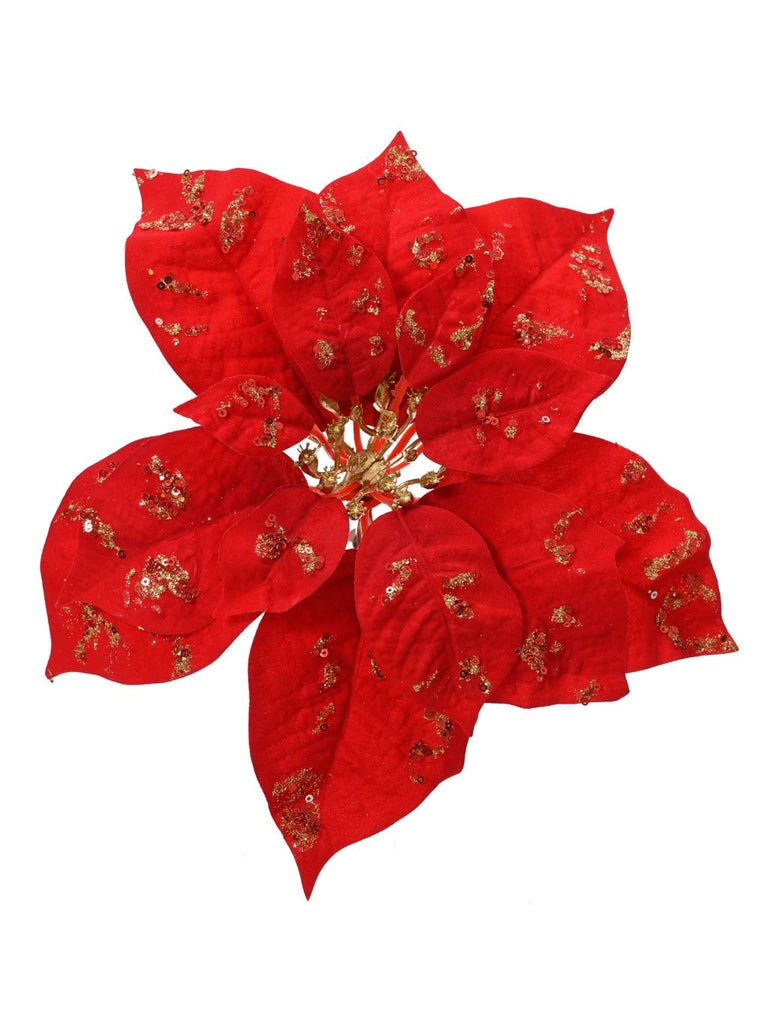 25cm Red Velvet Poinsettia on Clip with Gold Sparkles