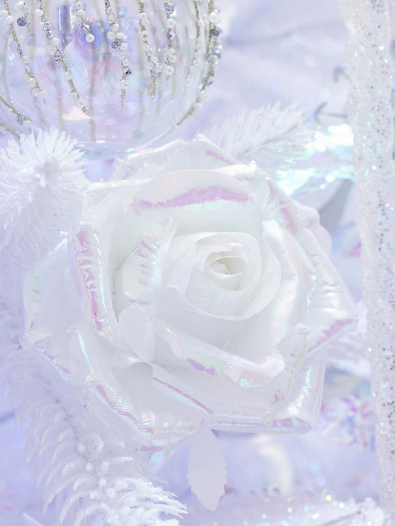 12cm Rose on Clip - Shiny White/Iridescent