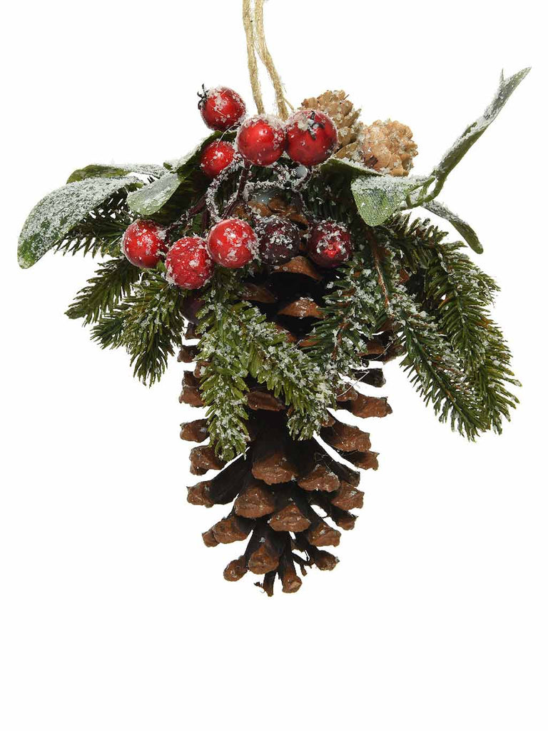 25cm Pinecone Red Berries Hanger with Frosted Berries