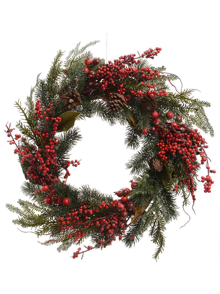 60cm Decorated Christmas Wreath with Berries, Leaves & Pinecones