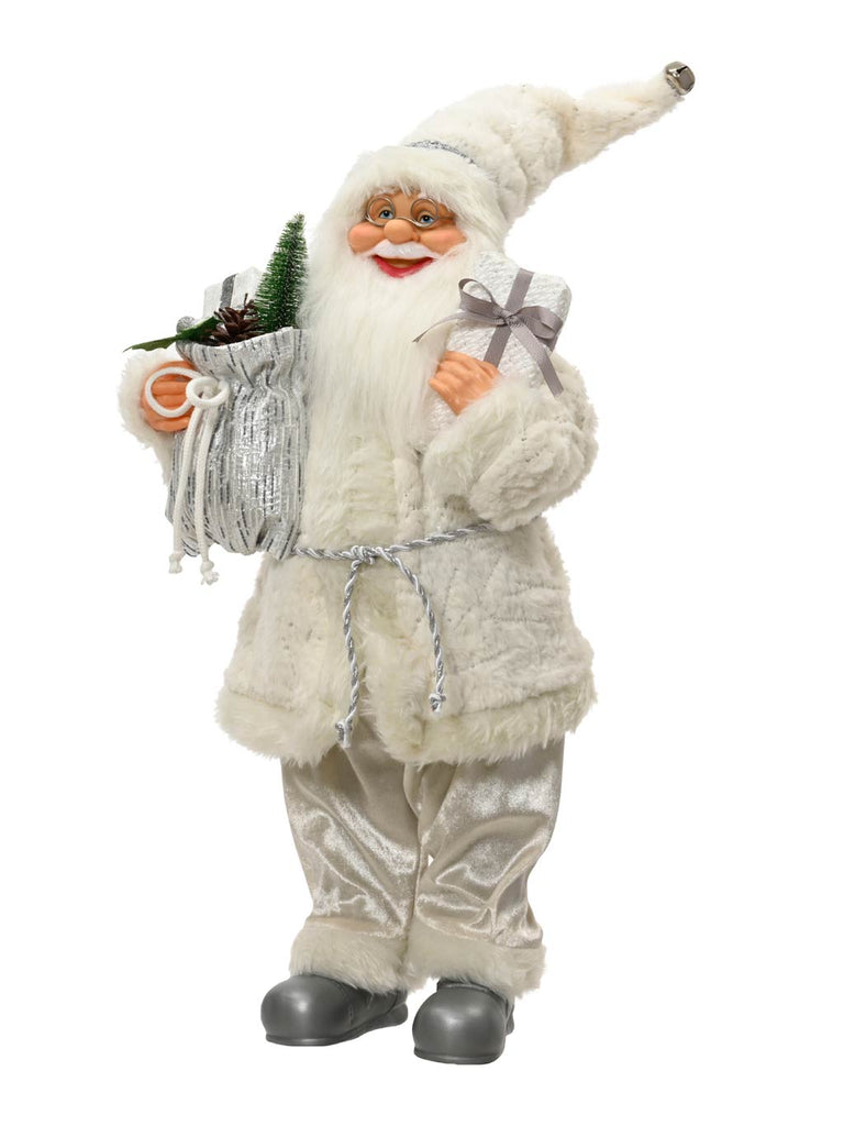 Santa in Silver Fabric with Sack & Gift