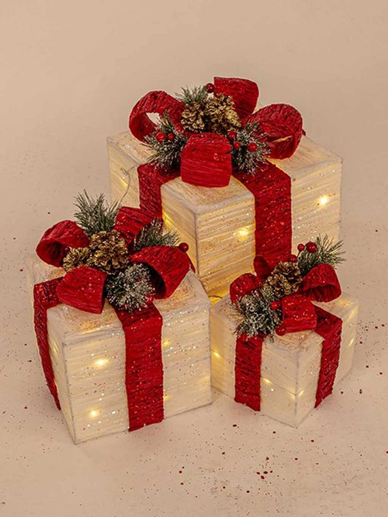 Set of 3 LED Gift Parcels with Red Bow