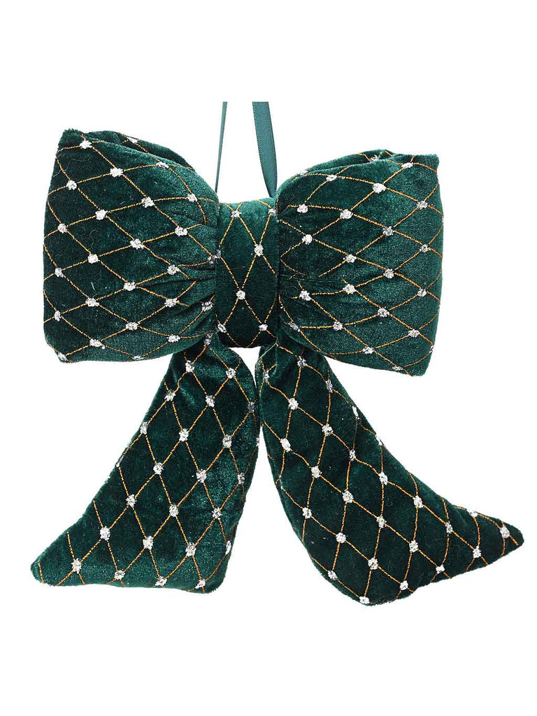 21cm Green Velvet Bow with Gold/Silver Glitter Sparkles