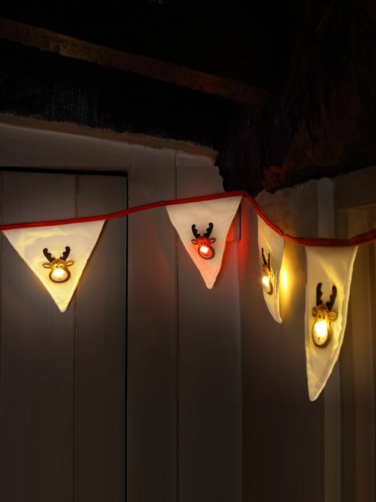 9 Fabric Reindeer Bunting with Warm White B/O Berry Lights
