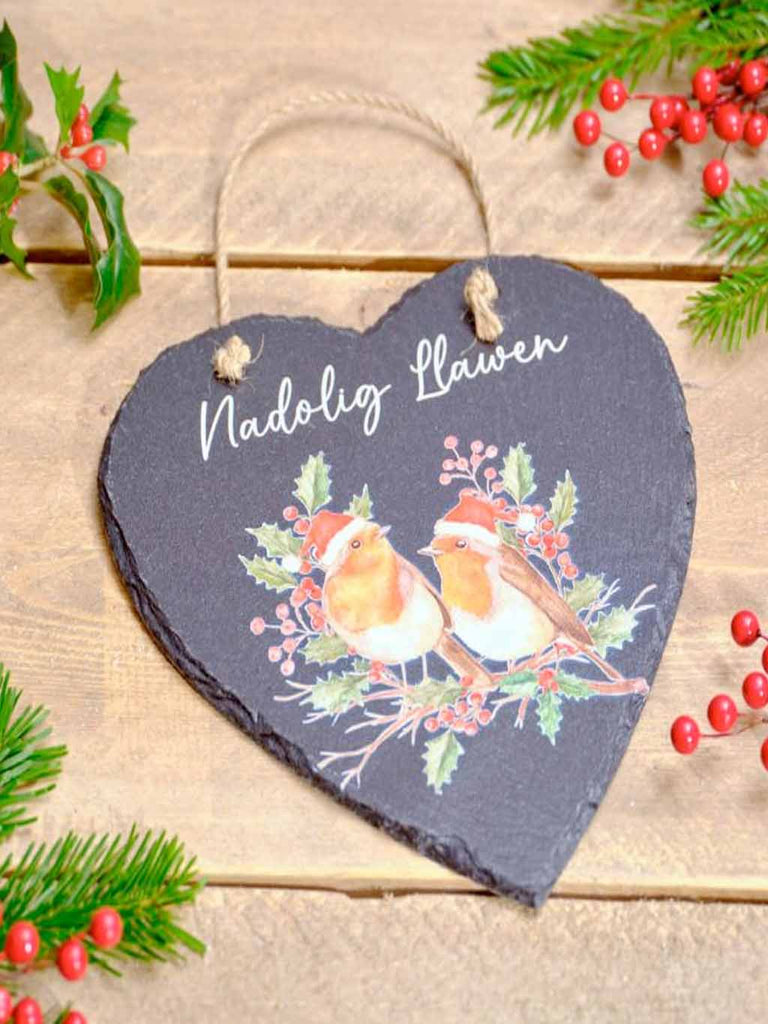 Xmas Welsh Slate Robin Heart Plaque with Nadolig Llawen