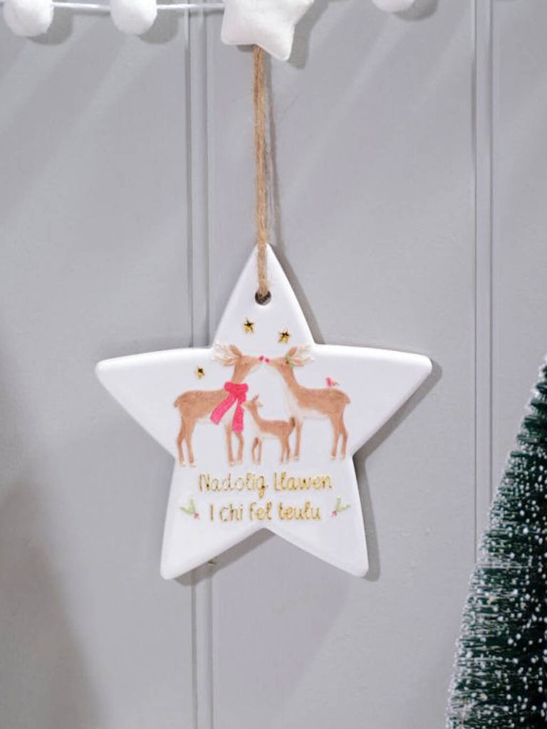 Welsh Nadolig Llawen Deer Ceramic Star Tree Dec