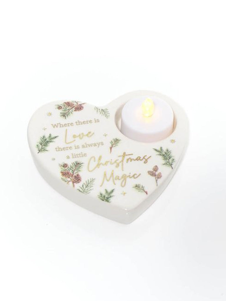 Evergreen Forest Ceramic Heart Shaped Tea Light Holder With Gold Text
