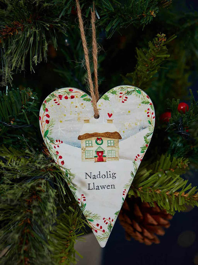 Welsh Xmas Cottage Hanging Heart Ceramic Nadolig Llawen