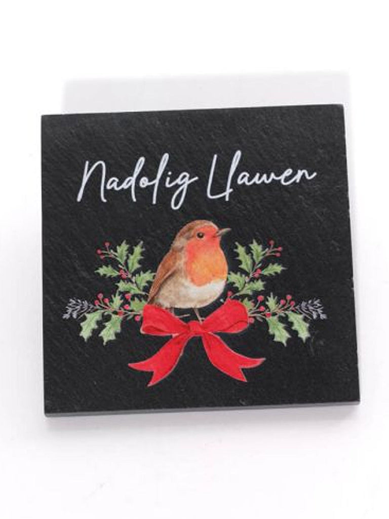 Welsh Robin With Bow Nadolig Llawen Slate Coaster Gift