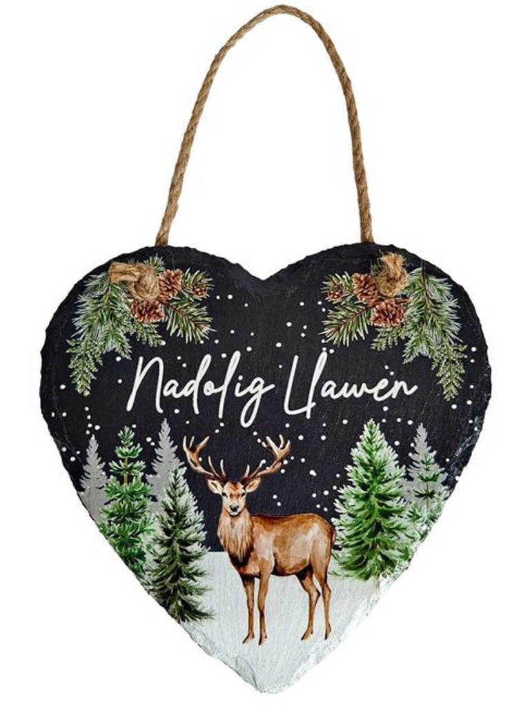 Welsh Evergreen Nadolig Llawen Foreset Scene With Stag Slate