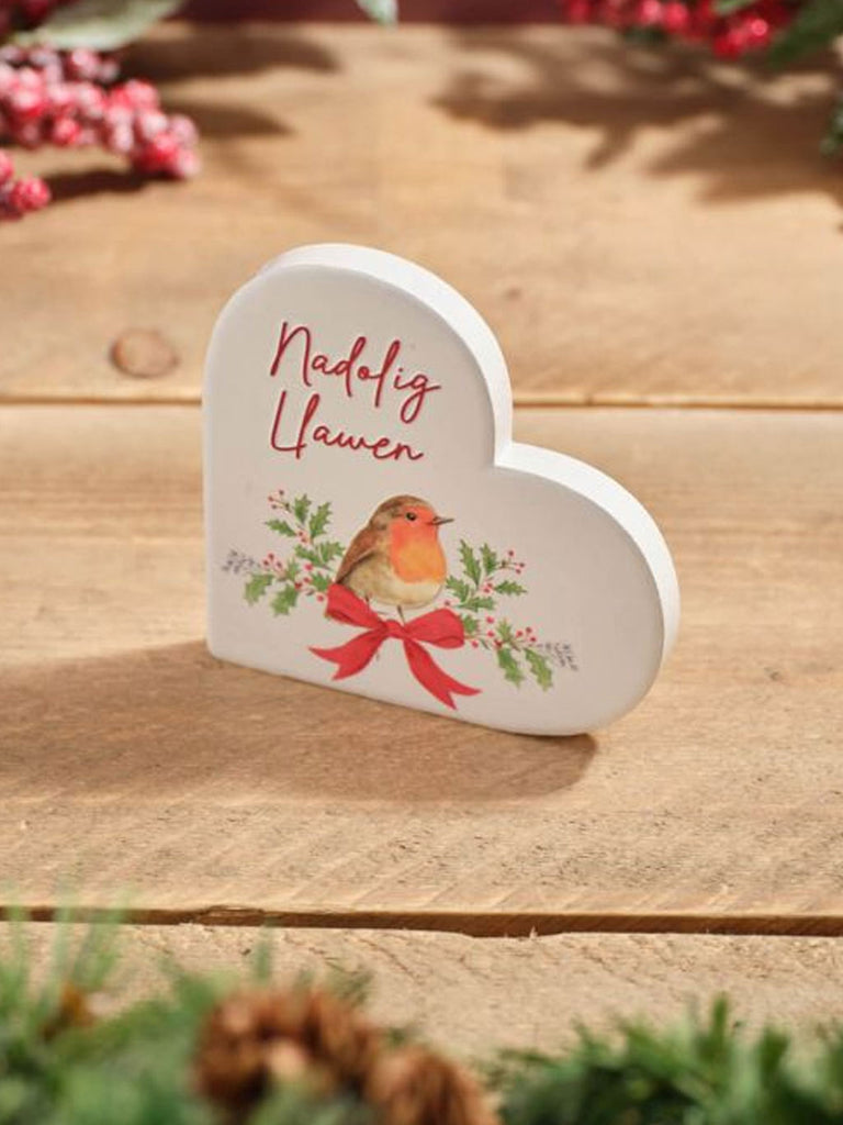 Welsh Robin Nadolig Llawen Ceramic Heart Block