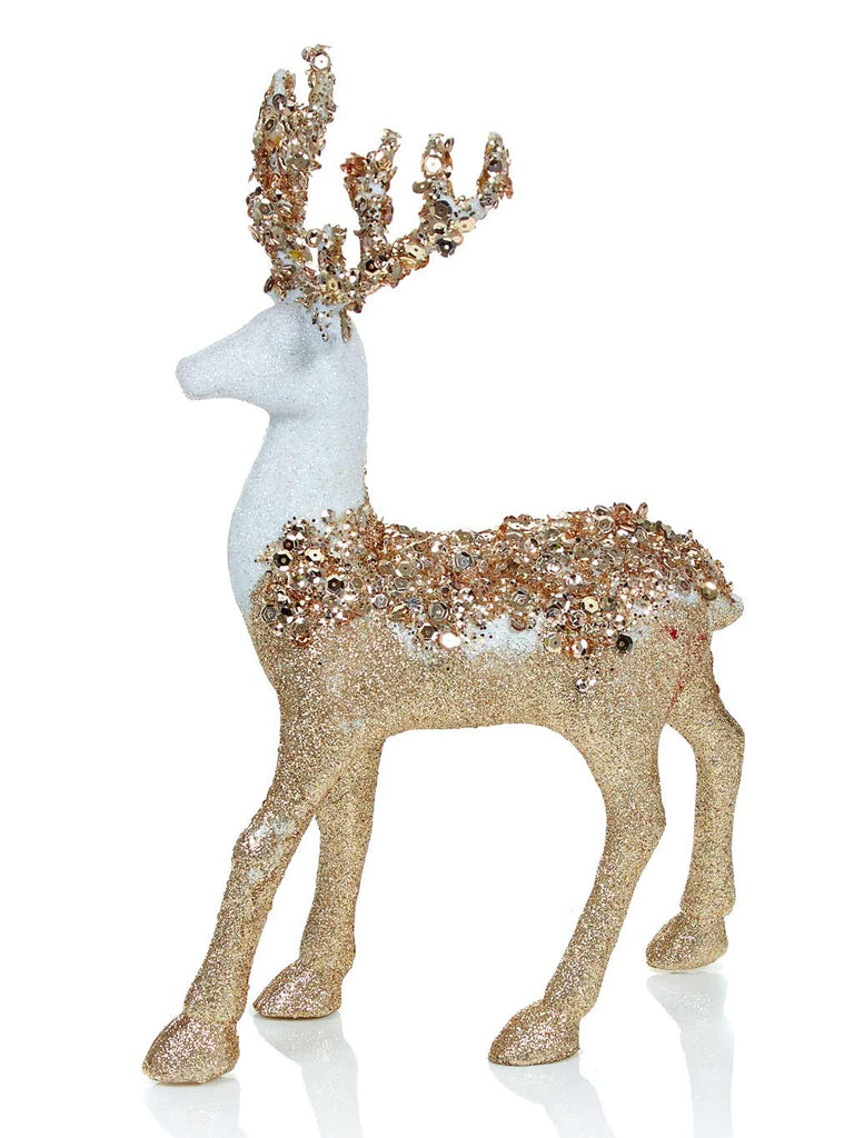 30cm Two Tone Beaded Reindeer Ornament - Gold