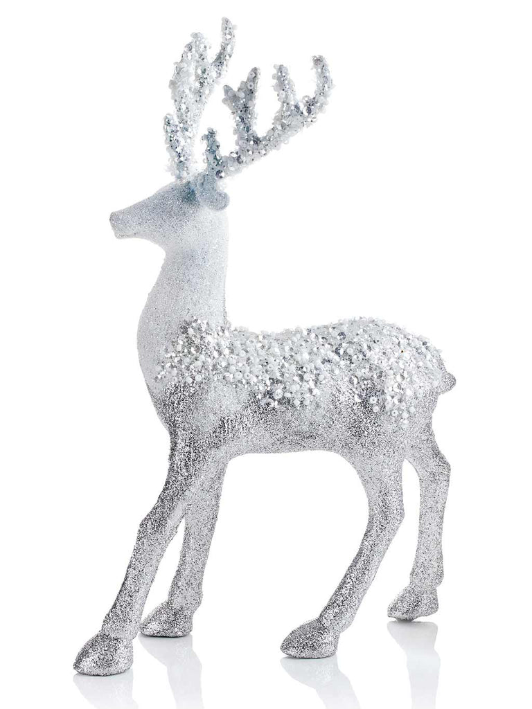 30cm Two Tone Beaded Reindeer Ornament - Silver
