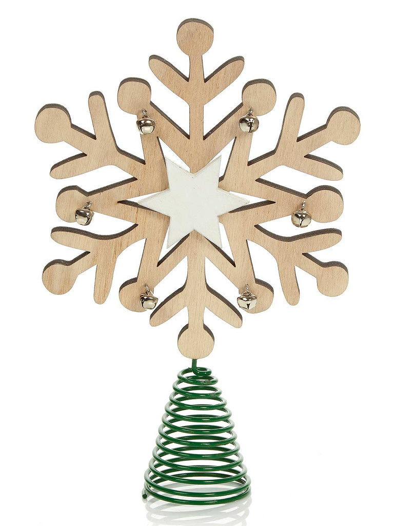 22cm Pale Wood Snowflake Tree Topper with Star - Bell Detail