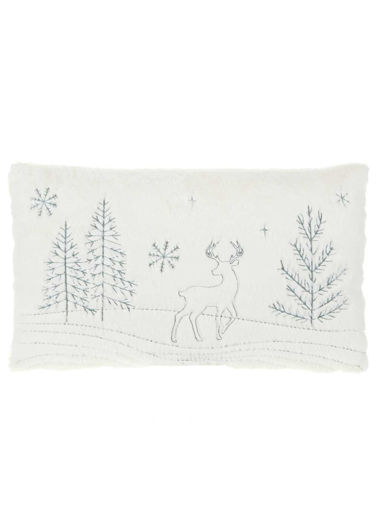 30 x 50cm Faux Fur Embroidered Deer Scene Green Cushion