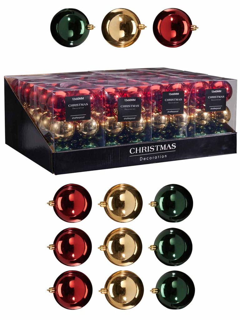 Pk 12 6cm Christmas Baubles - Red/Gold/Green