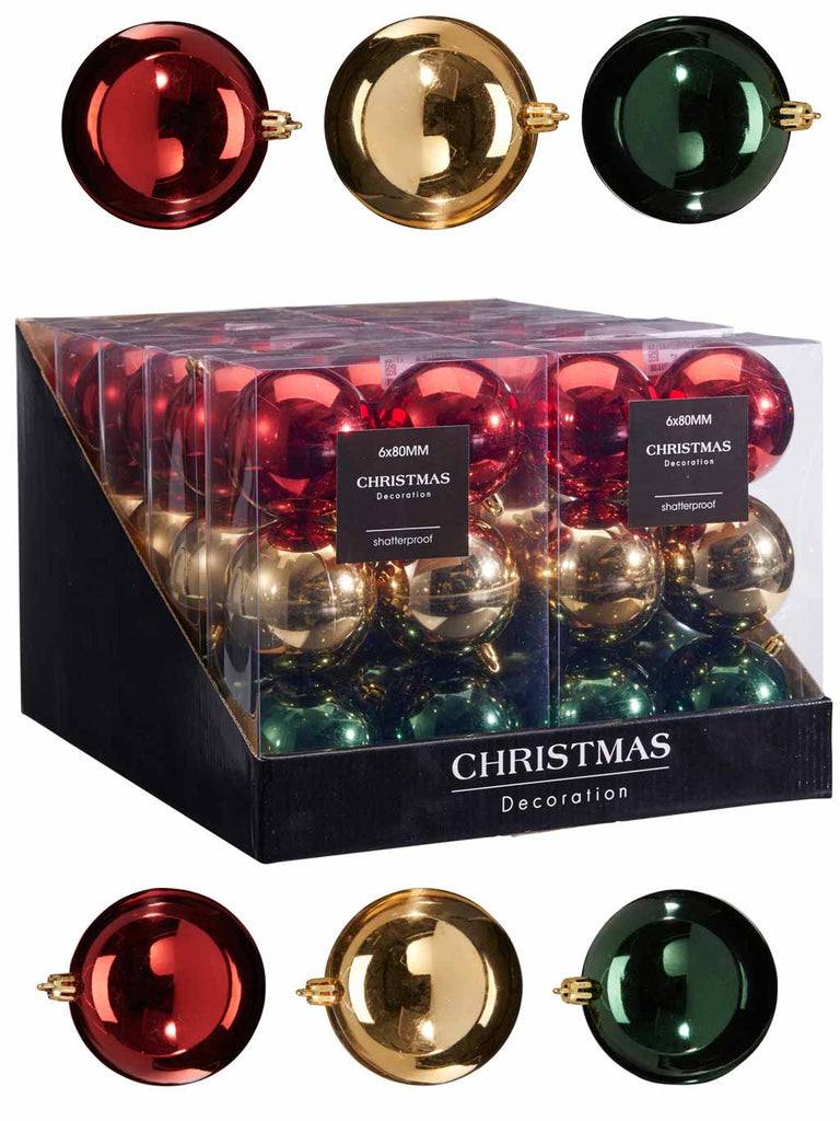 Pk 6 8cm Christmas Baubles - Red/Gold/Green
