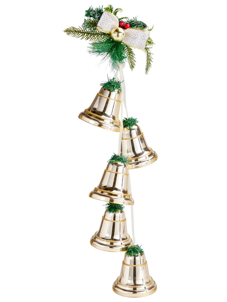 Hanging Christmas Bells With Pine Twigs - Gold