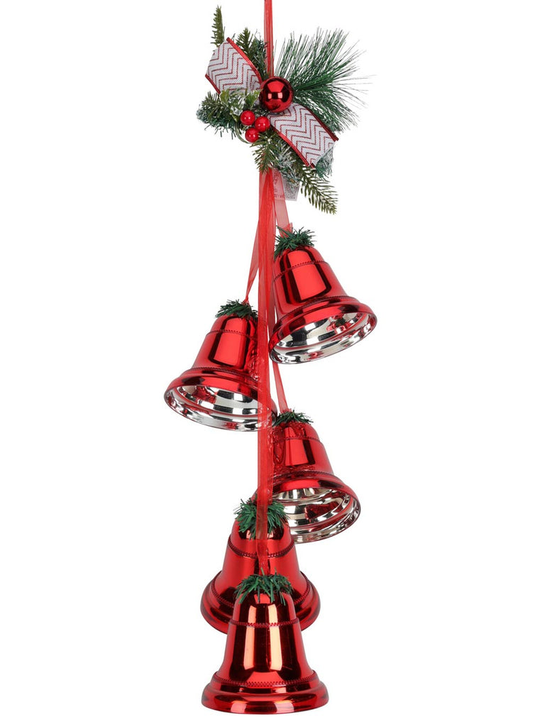Hanging Christmas Bells with Pine Twigs - Red